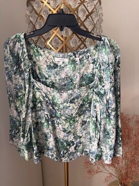 Vince Green and White Abstract Marble-Print Blouse